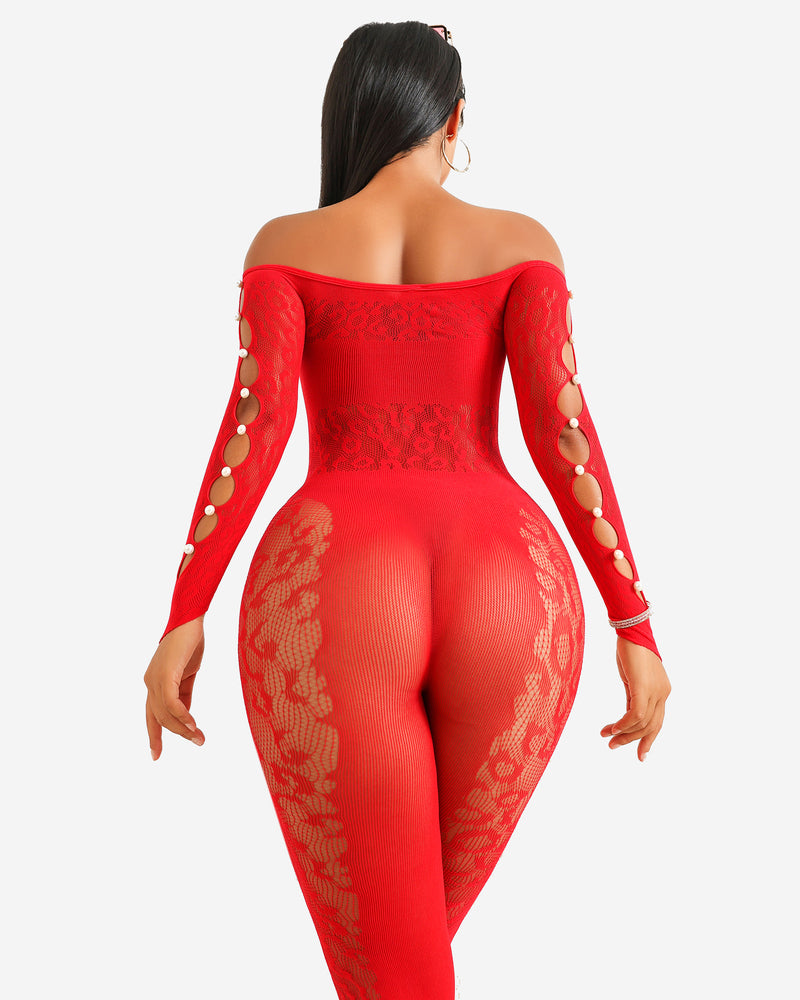 Red fishnet off-shoulder bodysuit, long sleeves, gold ring accents, fitted lace panels