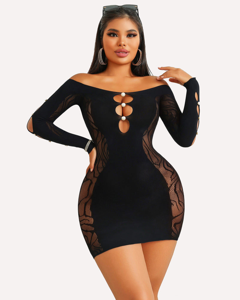 Black fishnet bodycon mini dress with long sleeves, off-shoulder neckline, oval bead cutouts