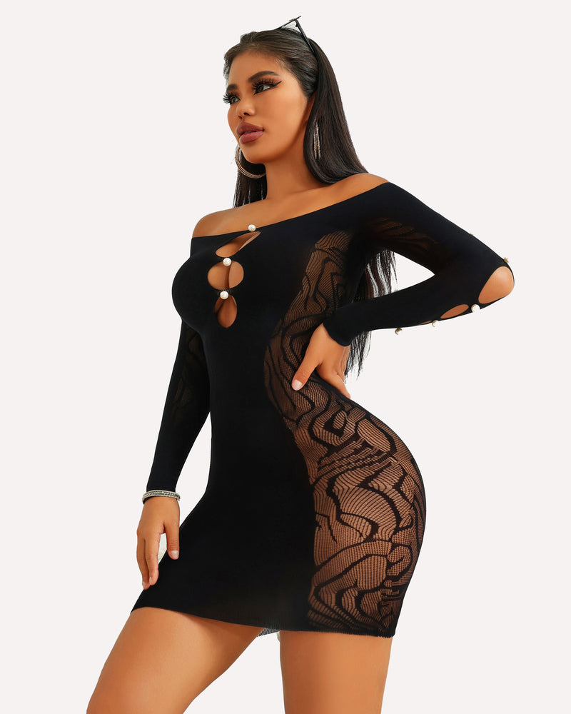 Black fishnet bodycon mini dress with long sleeves, off-shoulder neckline, oval bead cutouts