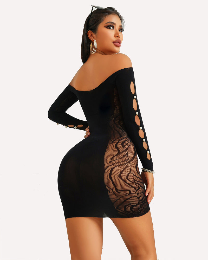 Black fishnet bodycon mini dress with long sleeves, off-shoulder, oval cutout detail at side
