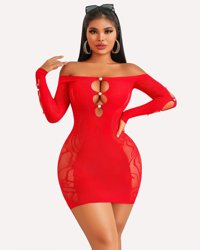 Red fishnet bodycon mini dress with long sleeves, off-shoulder neckline, oval bead cutouts