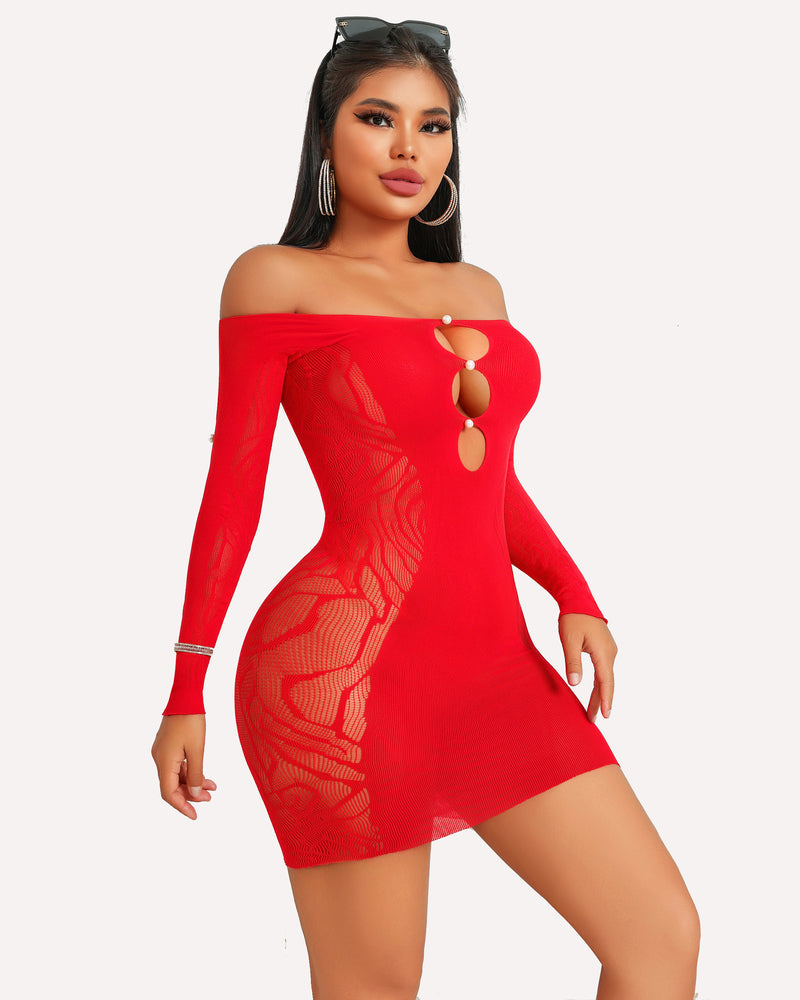 Red fishnet bodycon mini dress with long sleeves, off-shoulder neckline, lace panel and oval cutouts