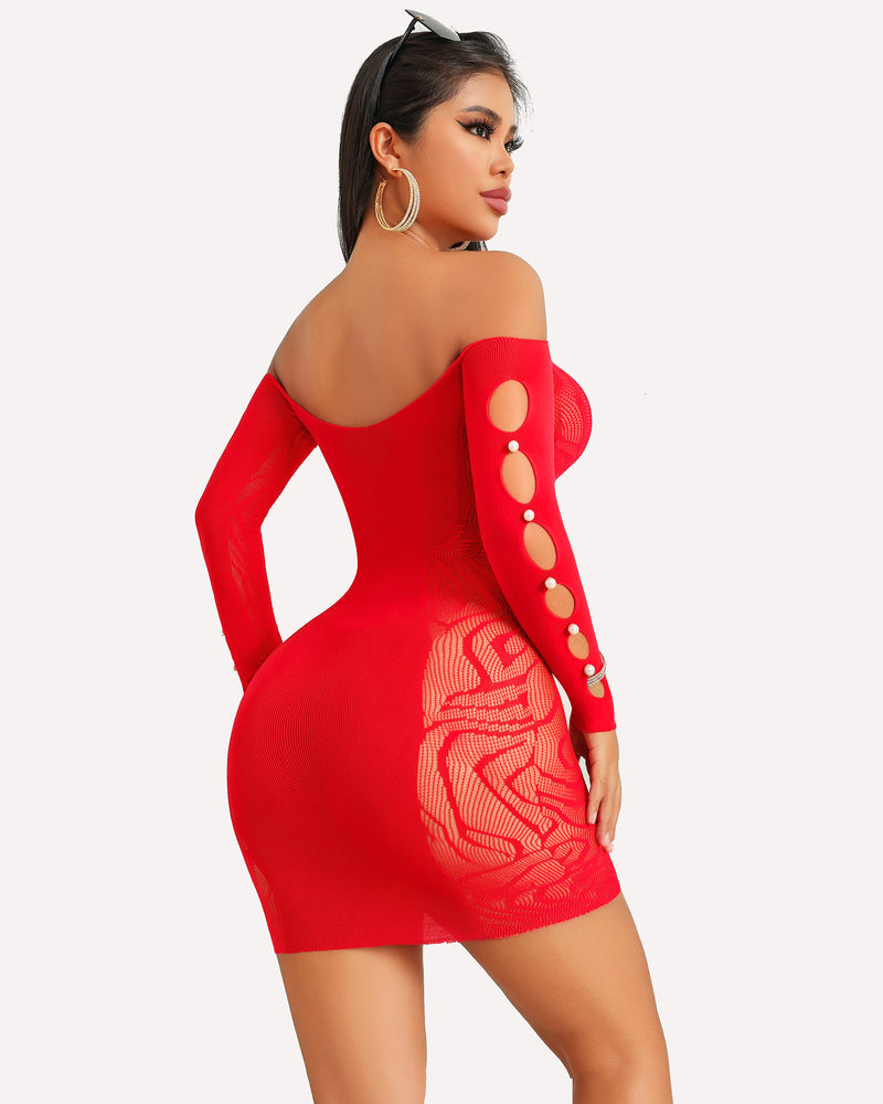 Red fishnet bodycon mini dress with long sleeves, off-shoulder, oval bead cutouts on back