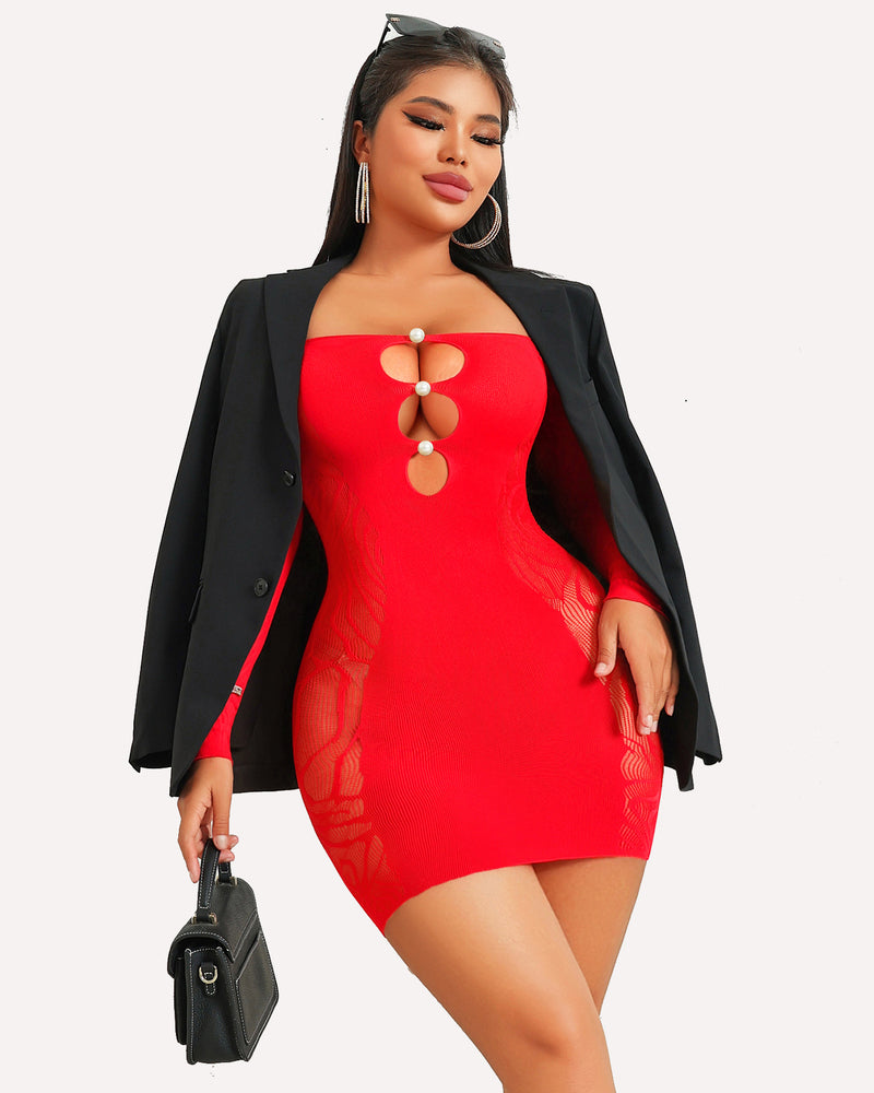 Red fishnet bodycon mini dress with off-shoulder neckline, chest oval bead cutout, lace panel