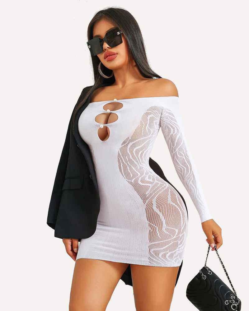 White fishnet bodycon mini dress with long sleeves, off-shoulder, lace panel and oval cutouts