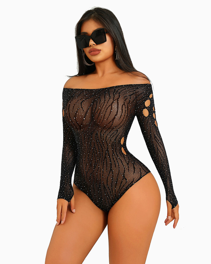 Black mesh rhinestone bodysuit with long sleeves and draped zebra-like sequin pattern