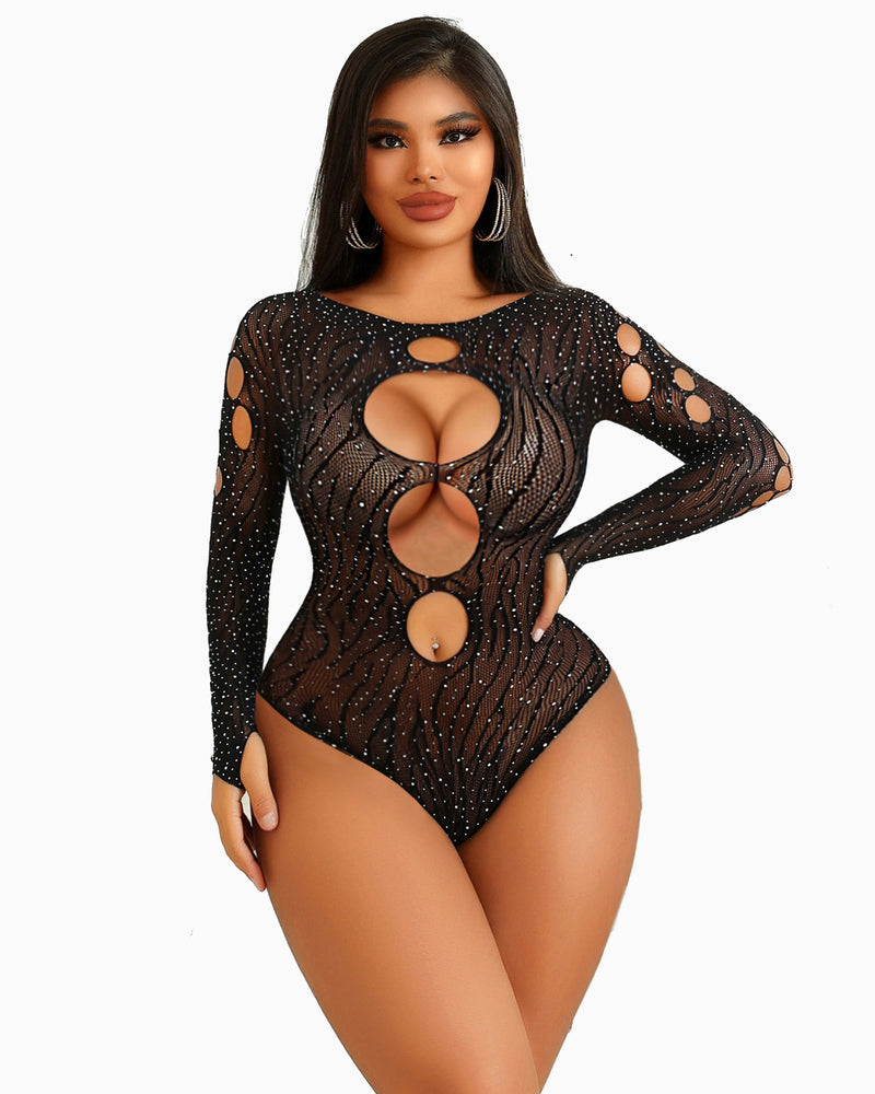 Black mesh rhinestone bodysuit with long sleeves and oval cutouts at bust and waist