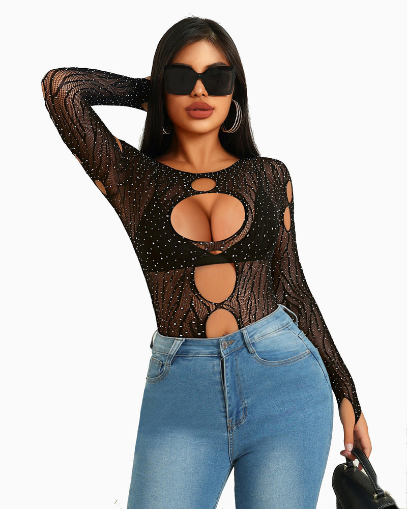 Black glitter mesh bodysuit with long sleeves, oval bust cutout, and open chest detail