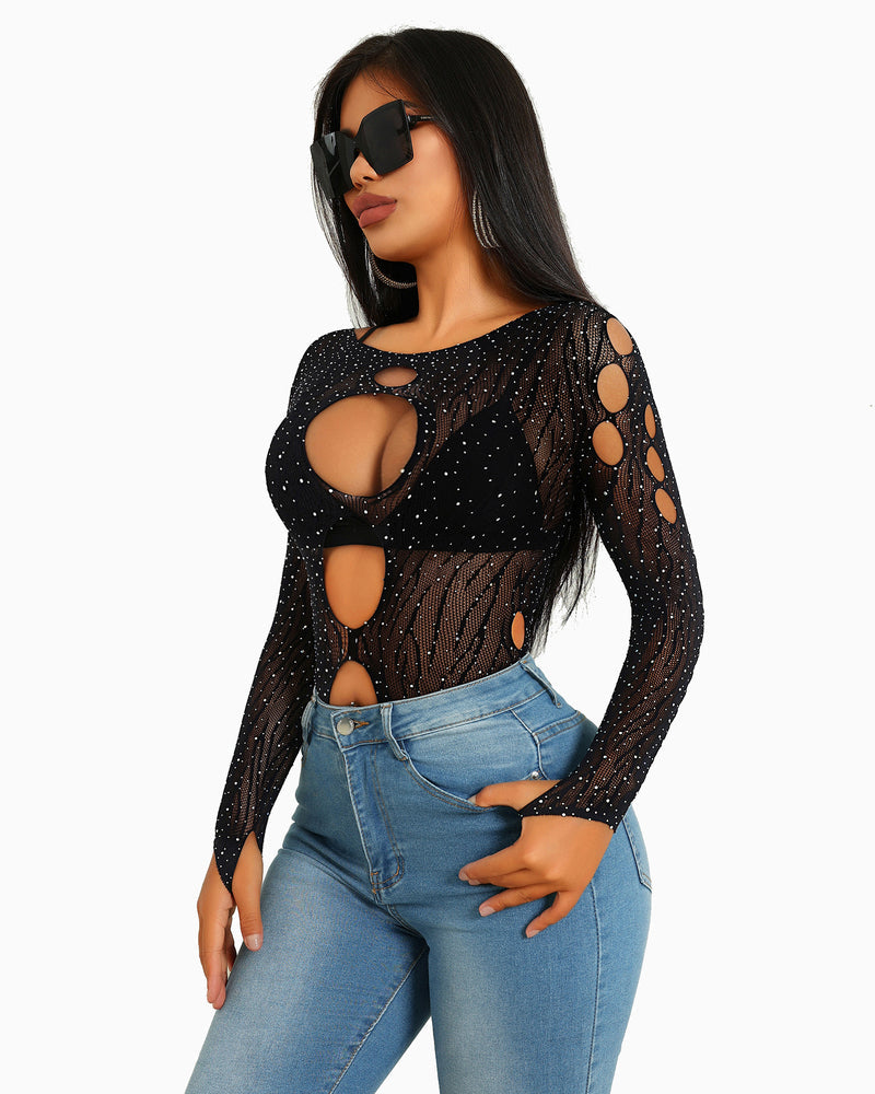Black mesh rhinestone bodysuit with long sleeves, large bust cutout, and open side panels