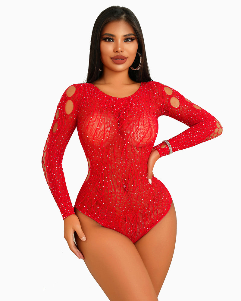 Red rhinestone mesh bodysuit with long sleeves and oval cutouts at chest and sides