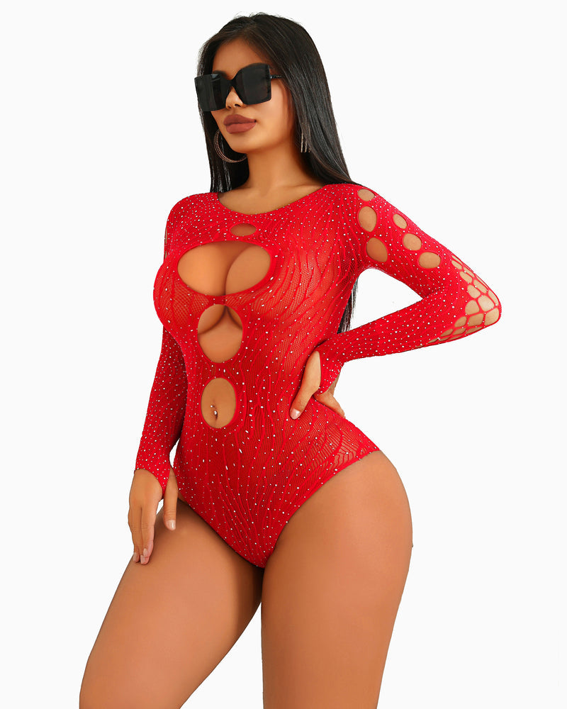 Red glitter mesh bodysuit with long sleeves and large circular cutouts on the torso