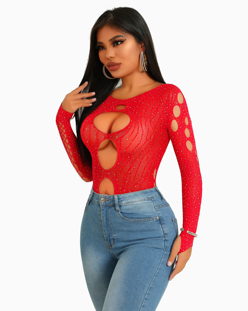 Red rhinestone mesh bodysuit top with oval cutouts and long sleeves