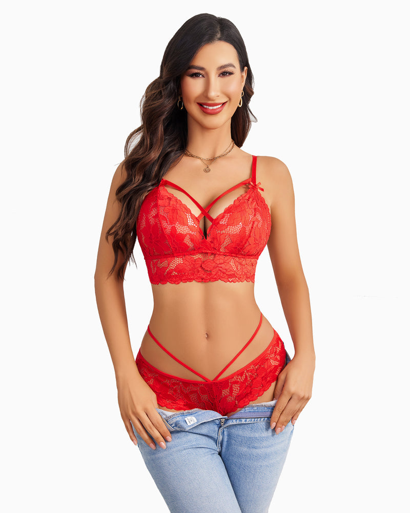 Red lace bralette and matching panty set with crisscross straps