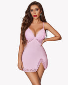 Pink modal v-neck full slip chemise with lace cups and scalloped lace hem, side slit hem.