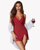 Modal v-neck chemise, wine red, lace cups and scalloped lace hem
