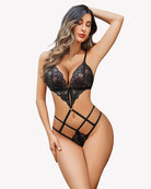 Black lace deep V teddy one-piece with cut-out straps and garter-style bands