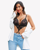 Black lace deep V teddy one-piece with crisscross cut-outs under thin straps