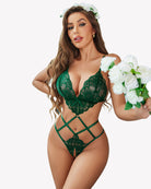 Green lace deep V teddy one-piece with cut-out crisscross bands and thong coverage