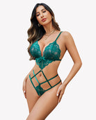 Green lace deep V teddy one-piece with thin straps, crisscross waist, and lace back