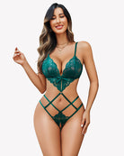 Green lace deep V teddy one-piece with crisscross waist straps and lace cups