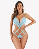 Light blue lace deep V teddy one-piece with crisscross straps and cut-out waist