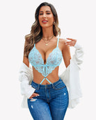 Light blue deep V cut-out teddy one-piece with lace floral cups and crisscross straps