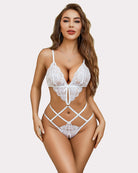 White deep V teddy cut-out one-piece with lace cups and crisscross strap waist cutout