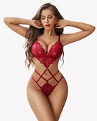 Red deep V teddy one-piece with lace floral design and crisscross cut-out front straps