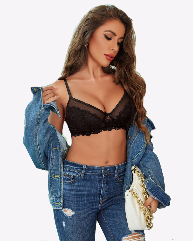 Black lace bra and panty set with lace cups and sheer lace-trim panties