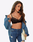 Black lace bra and panty set with lace cups and sheer lace-trim panties