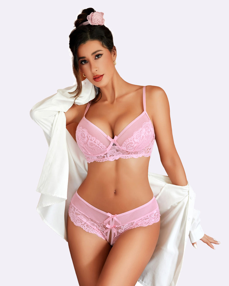 Pink lace bra and panty set with scalloped edges and bow front