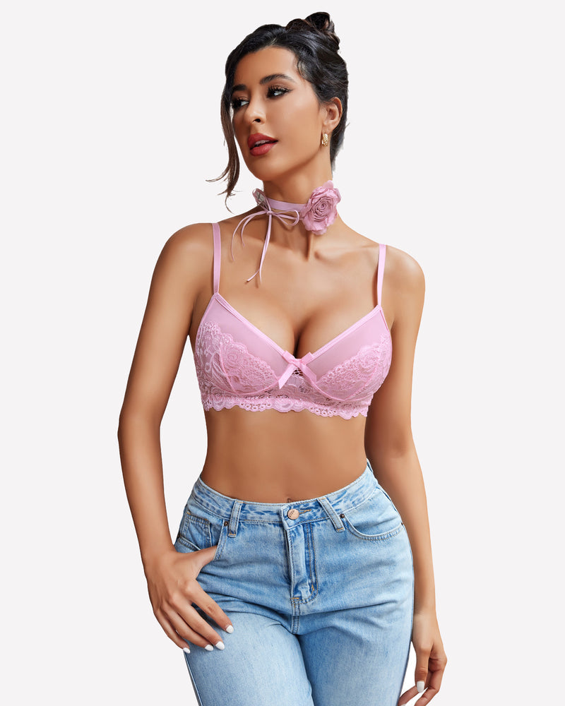 Pink lace bra and panty set with lace cups and thin shoulder straps