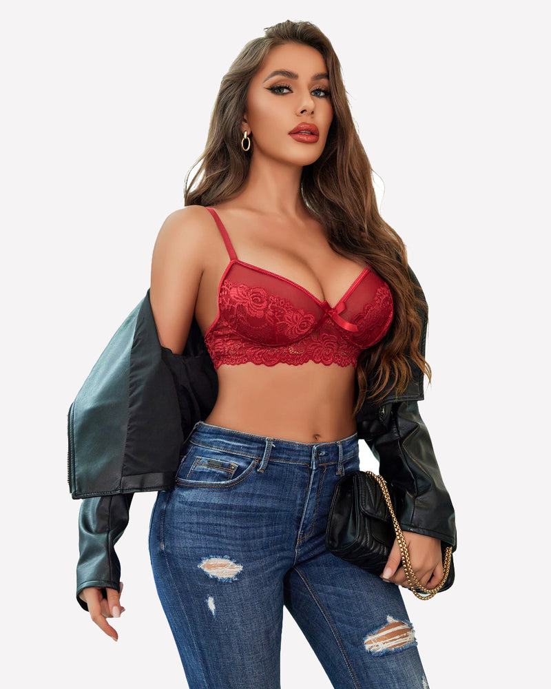 2-piece lace bra and panty set, red lace balconette bra front view