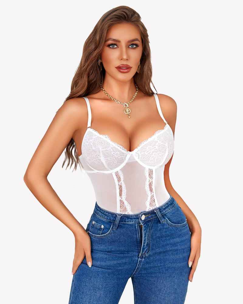 White lace lingerie set with underwire cups and garter belt straps
