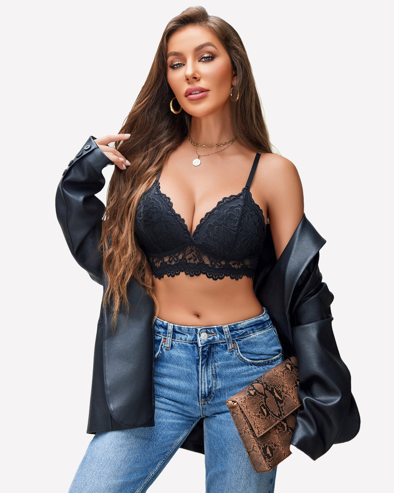 Black lace bralette and lace panty set with lace-trim band at waist