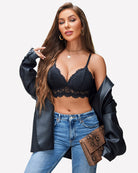Black lace bralette and lace panty set with lace-trim band at waist