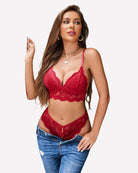 Red lace bralette and panty set with lace cups, scalloped trim, and thong