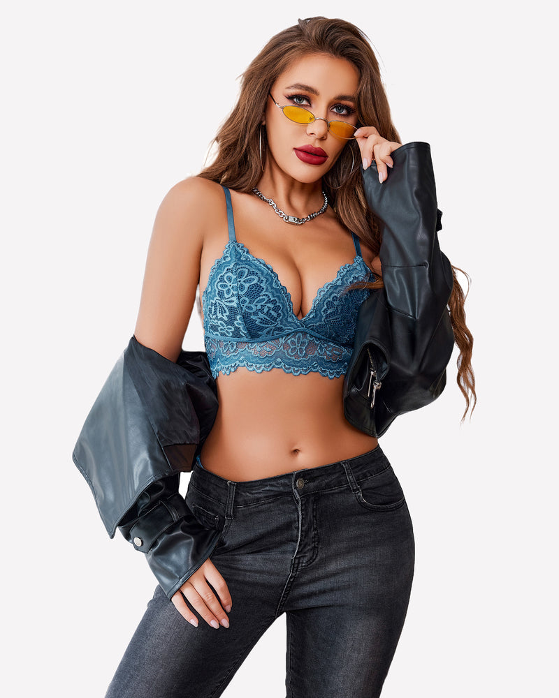Blue lace bralette and lace panty set with scalloped lace cups and trim