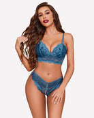 Blue lace bralette and lace panty set with scalloped V-neck trim