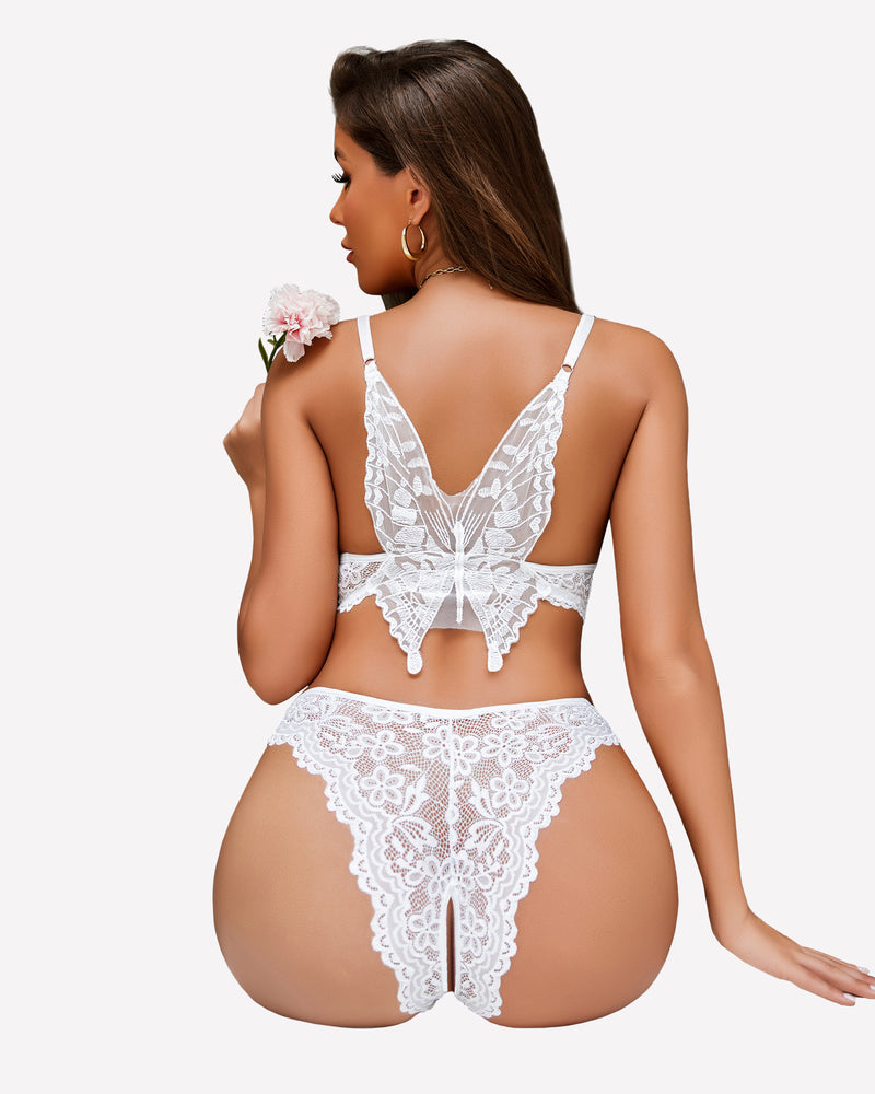 White lace bralette and panty set with open-back bow detail and cheeky panty