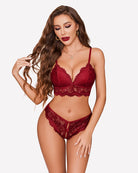 Lace bralette and panty set in burgundy with scalloped trim