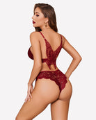 Burgundy lace bralette and panty set with open back design