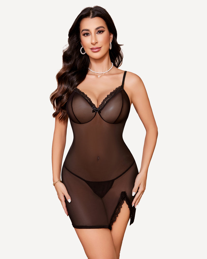 Black sheer lace nightgown with scalloped V-neck cups and side slit