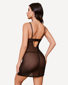 Black sheer lace nightgown with open back cutout and side slit hem