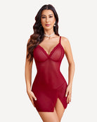 Wine red sheer nightgown with scalloped lace neckline and lace hem