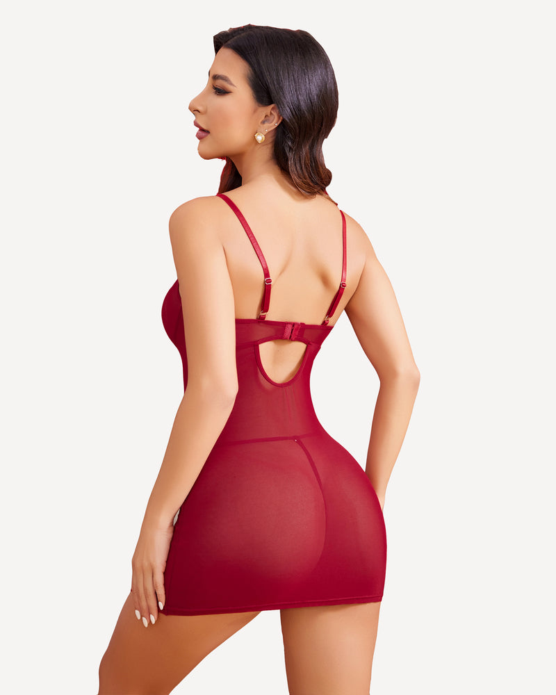 Wine red sheer nightgown with lace back straps and back cutout