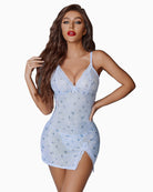 Light blue sheer lace nightgown with V-neck and side slit hem