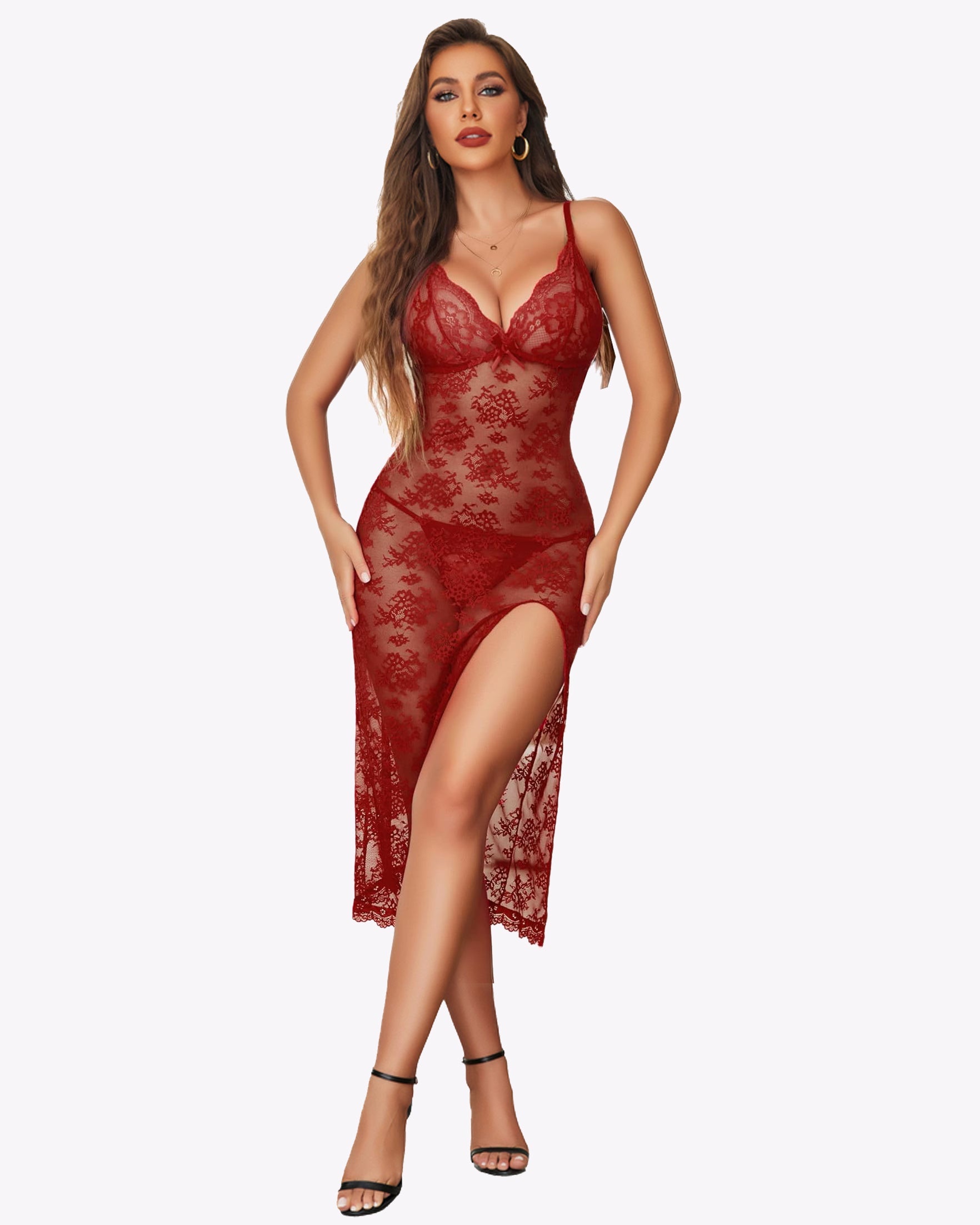 Red lace nightdress with V-neck, long hem, and side split; scalloped bra cups