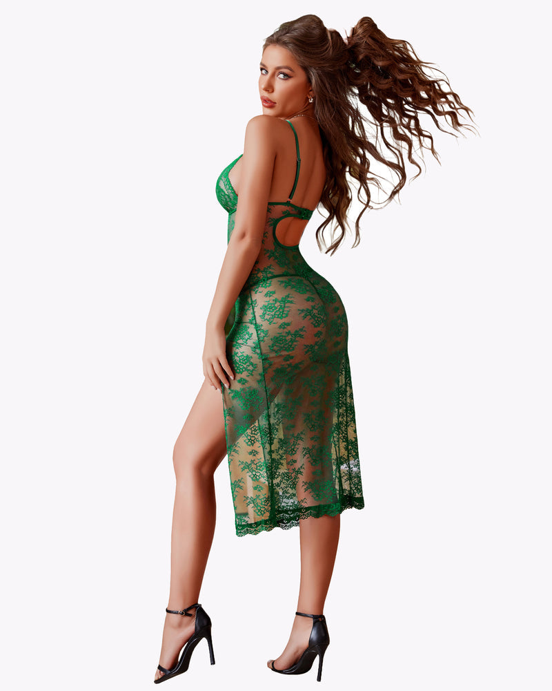 Green lace nightdress side view with low-cut back and long side split hem