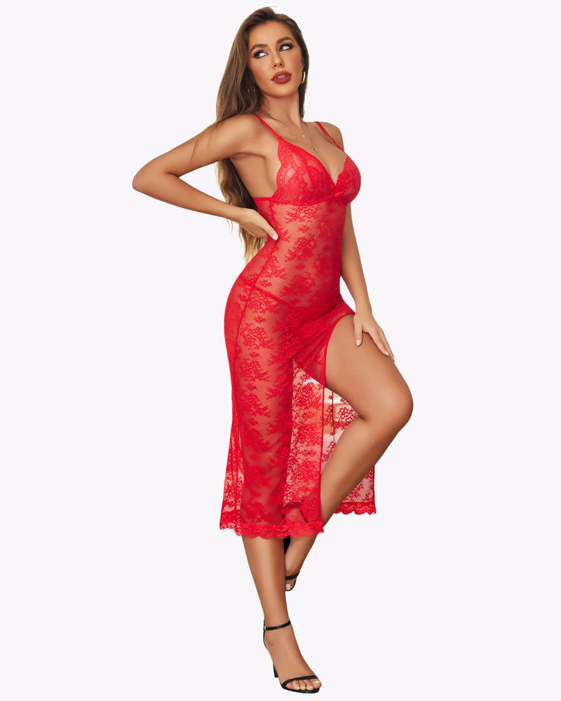 Red lace nightdress with long side split, lace floral pattern, thin straps, scalloped hem.